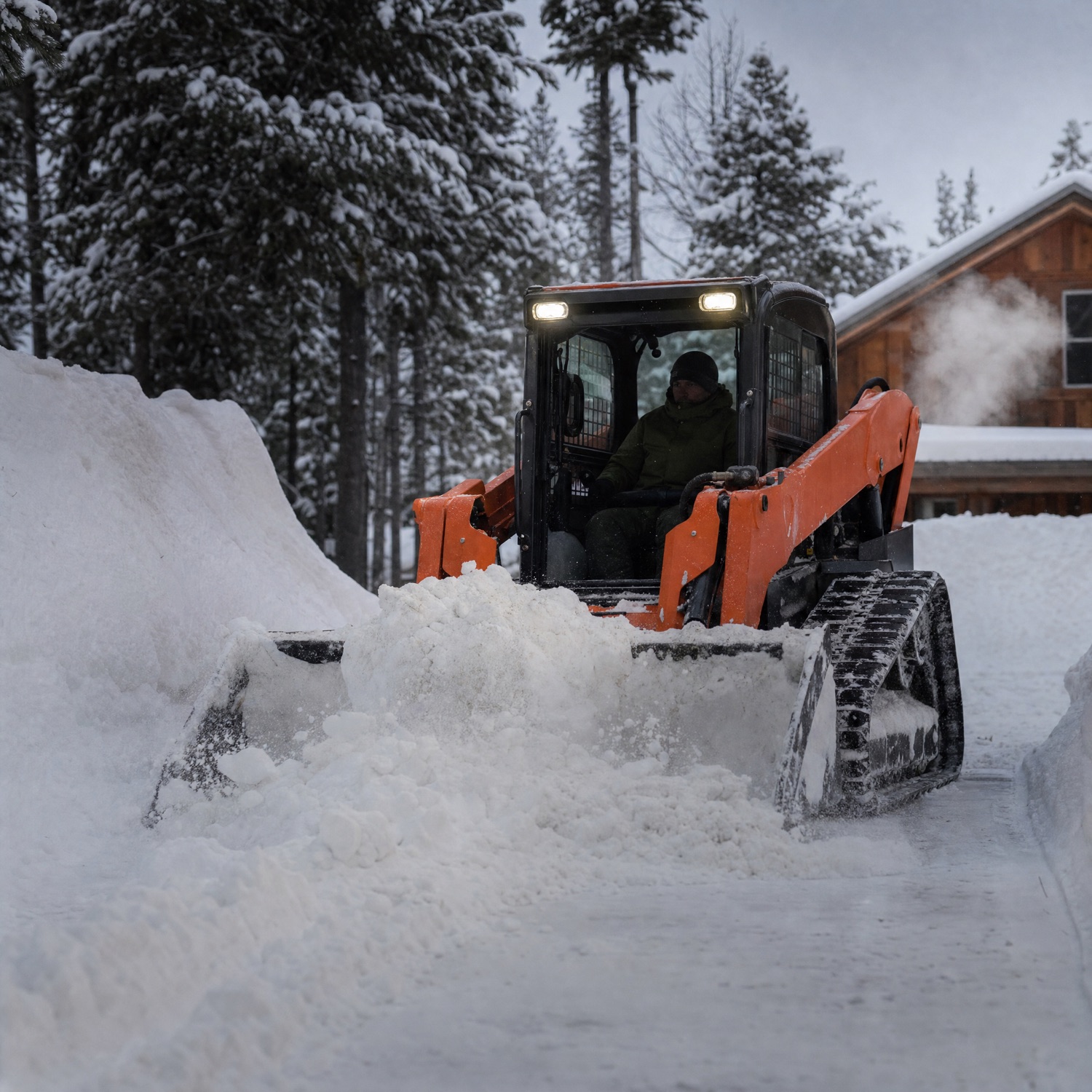 A compact track loader pushing snow off a cabin driveway in Island Park, with snow banks well above the machine's tracks.
